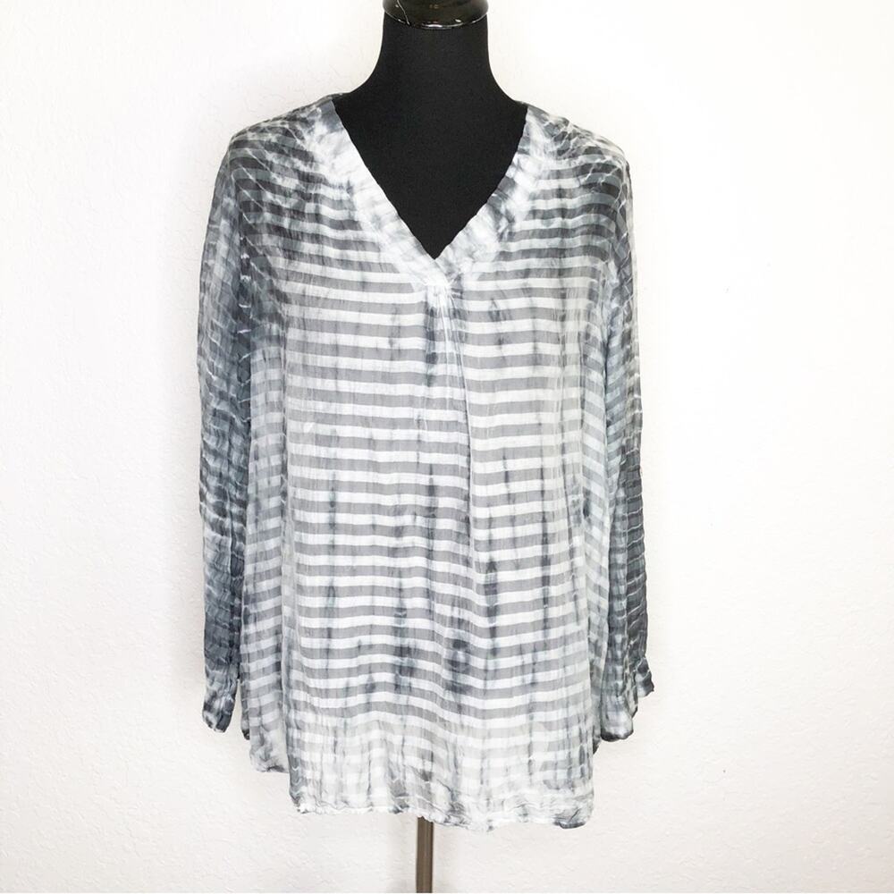 Soft Surroundings black gray sheer striped popover top size Petite Extra Large